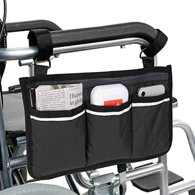 Image of supregear Wheelchair Armrest Side Bag, Walker Organizer Bag with Reflective Stripes Waterproof Storage Pouches for Any Wheelchair, Mobility Scooter, Walker, Rollator Carry Accessories, Black