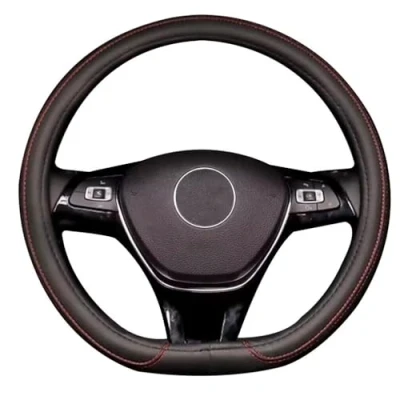 Image of Pahajim D Shape Leather Car Steering Wheel Covers Universal 15 inch/38CM Flat Bottom Protector Breathable Anti slip for Auto/Truck/SUV/Van (Red)