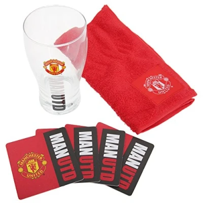 Image of Manchester United FC Official Wordmark Mini Football Bar Set (Pint Glass, Towel &amp; Beer Mats) (One Size) (Red/Black)