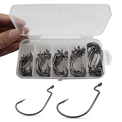 Image of Fishing Hooks 100pcs Barbed Carbon Steel Wide Gap Offset Jig Worm Soft Baits Jigging Hook For Texas Rigs Size 2#1#1/0#2/0#3/0#