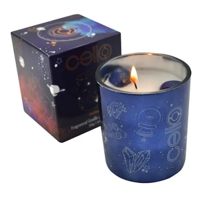 Image of Cello Celestial Scented Candle with Lazurite Gemstones. A Stunning Metallic Blue Crystals. The Ideal Candles, Candles for Men &amp; Gifts Women.