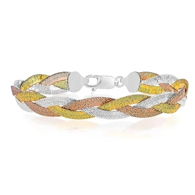Image of Tuscany Silver Women&#039;s Sterling 3 Tone Textured Plait Herringbone Bracelet 19cm/7.5&quot;