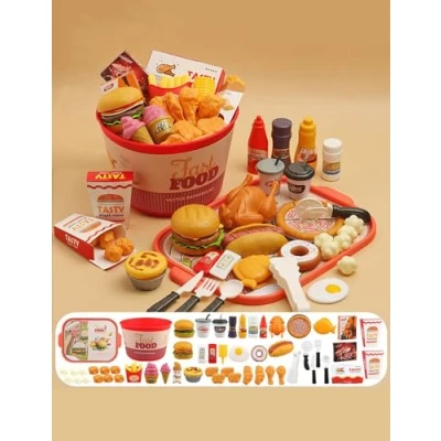 Image of 82 Pieces Play Food Toys, Pretend Sets for Children Kitchen, Plastic Hamburger Fast Playset Kids Kitchen Accessories Role Toys 3 4 5 Years Old Boys Girls