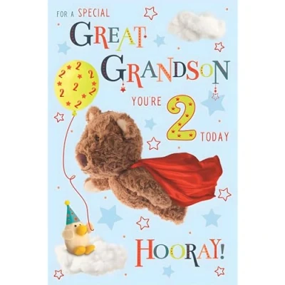 Image of Great Grandson 2nd Birthday Card Age 2 Special Barley Bear Teddy Superhero Design Finishes and Illustrated Insert Leaf Made in the UK Eco Friendly