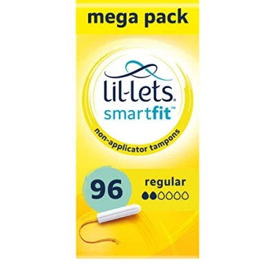 Image of Lil Lets Non Applicator Regular Tampons X 96, (6 Packs of 16 Tampons), For Light to Medium Flow, 2 Droplets, Plant Based, SmartFit™ App Tampon