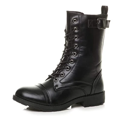 Image of Ajvani Womens Ladies Flat Low Heel lace up Zip Combat Military Ankle Boots, Black Matte Buckle, 8 UK