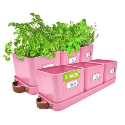 Image of Green Thumbz Herb Pots for Kitchen Windowsill 2 Pack Pink Planter Indoor with Leather Handled Tray Ideal an Garden, Plants and Flowers Labels Included