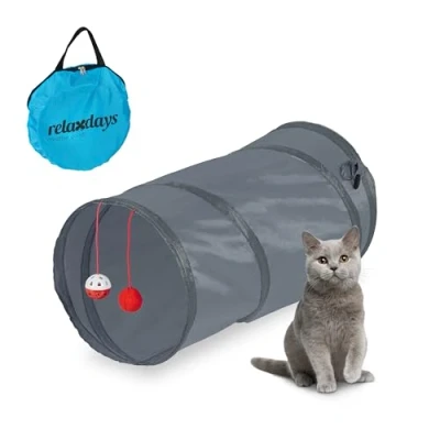 Image of Relaxdays Foldable Cat Tunnel, WxD: approx. 48 x 26 cm, Tube with Toy &amp; Travel Bag, Interactive Play Accessory, Grey, Polyester, cm