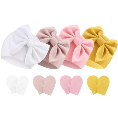 Image of DRESHOW Newborn Baby Hats Mittens Set Hospital Hat Beanie Infant Bow Cotton Gloves No Scratch for 0 6 Months