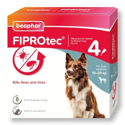 Image of Beaphar FIPROtec Spot On for Medium Dogs (10 20kg) Kills Fleas &amp; Ticks Vet Strength Treatment 4 Pipettes