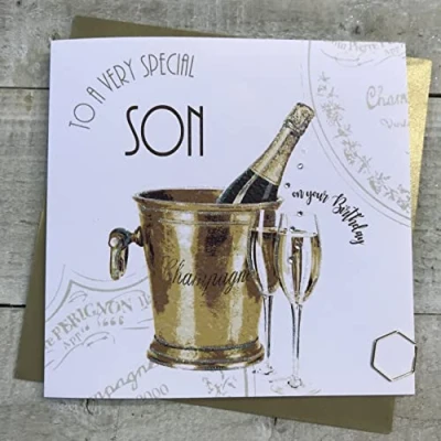 Image of WHITE COTTON CARDS SPECIAL SON BIRTHDAY CARD, CHAMPAGNE BUCKET &amp; FLUTES DESIGN Handfinished (MT34)