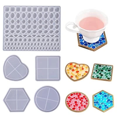 Image of TikooTik 5pcs Coaster Resin Mold Cups Mat Epoxy Molds Gem Silicone Mould Square Round Heart Hexagon Casting for Mosaic DIY Home Decoration Crafts (4+1pcs)