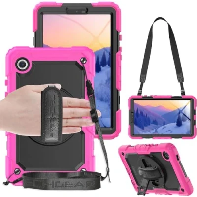 Image of TECHGEAR UTILITY Case fits Samsung Galaxy Tab A9 8.7&quot; (SM X110 / SM X115) Tough Rugged HEAVY DUTY Armour Shockproof Impact with 360 Rotating Stand, Hand Strap and Shoulder Pink