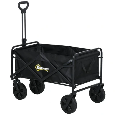 Image of Outsunny 90L Folding Garden Trolley Cart Pull Along Wagon with Telescopic Handle for Beach Camping Festival Black