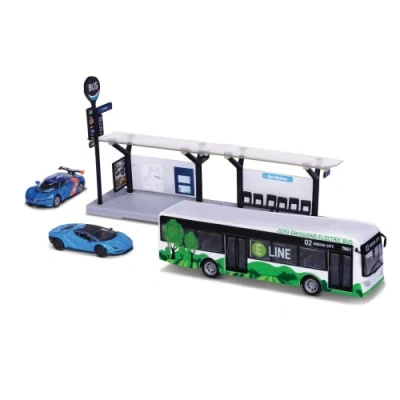 Image of BBURAGO 1/64 Public Transport Playset City Bus + Station 2 Vehicles Blue or Green