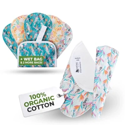 Image of Basic line Reusable Panty Liner, 7 Pack; Tanga; Organic Cotton; Monstera; White Background
