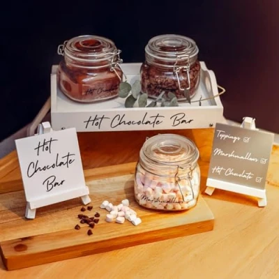 Image of Marco Paul Hot Chocolate Station Set 6pc Glass Jars Storage Easel Cocoa Kitchen House Decor Spoon Stirrers Drink Maker Home