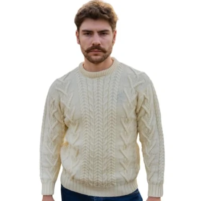 Image of SAOL 100% Merino Wool Traditional Aran Crew Neck Sweater for Men, in Natural/Charcoal/Army Green (Natural, X Large)
