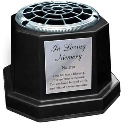 Image of Black Memorial Flower Vase Graveside Pot With Silver In Loving Memory Plaque (Nanna)