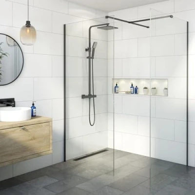 Image of BAYSTONE® 1100 &amp; 700mm Wet Room Shower Screen Panels 8mm Toughened Safety Easy Clean Glass Walk in Enclosure, Frameless Panel, Matt Black