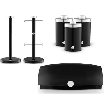 Image of Swan Townhouse Black Bread Bin, Tea, Coffee, Sugar Canisters, Mug Tree &amp; Towel Pole. Contemporary Matching Kitchen Storage Set of 6