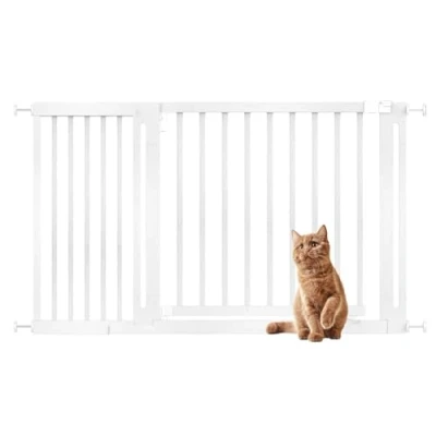 Image of Bettacare Wooden Elegance Dog Gate, White, 135cm 143cm, Pressure Fit Safety 73cm Extra Wide Doorway, Gate for Puppy, and Pet, Stylish Design Easy Installation