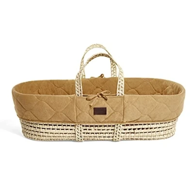 Image of The Little Green Sheep Natural Quilted Moses Basket &amp; Mattress Honey, Cotton Palm Leaf