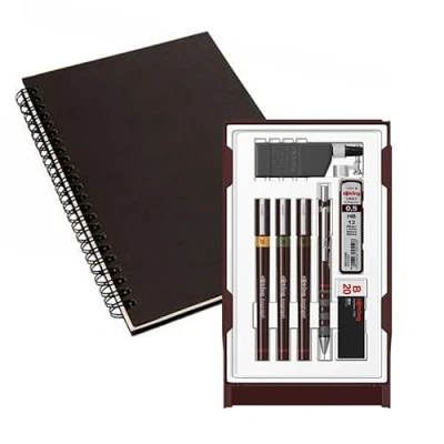 Image of rOtring Isograph Pen Set Technical &amp; Pencil College S0699370 3 Pens (0.20mm, 0.30mm, 0.50mm) and Mechanical (0.5mm) Accessories with Notebook