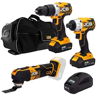 Image of JCB 18V Brushless Cordless Combi Drill, Impact Driver &amp; Multi Tool, 2X 2.0Ah Battery, Fast Charger, 26&quot; Wheeled Tool Bag, 3 Year Warranty