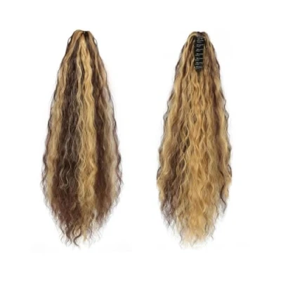 Image of FDEETY 22 Inch Ponytail Hair Extension Piece Long Corn Curly Heat Resistant Synthetic Clip in Wave Pieces For Women Girls (Deep Brown with Blonde)