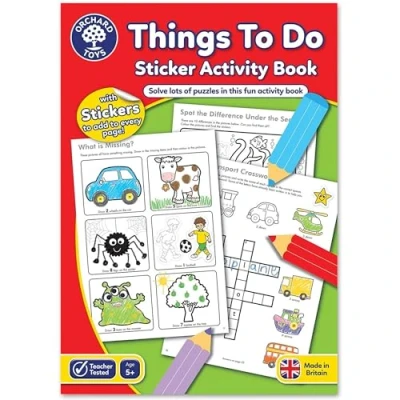 Image of Orchard Toys Things To Do Sticker Colouring Book, Educational and Activity Perfect for Kids Age 5 Years +, Ideal Parties, 21cm x 2cm 29cm