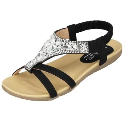 Image of Jo &amp; Joe Ladies Faux Leather Open Toe Sling Back T Bar Diamante Gem Stone Flat Gladiator Summer Sandals Size 3 8 (6 UK, Black)