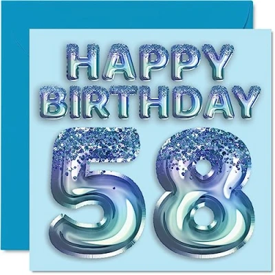 Image of 58th Birthday Card for Men Blue Glitter Party Balloon Happy Cards 58 Year Old Man Uncle Grandad Dad Grandpa Gran, 145mm x Fifty Eight Eighth Greeting Gift