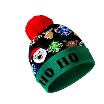 Image of LED Light Up Christmas Beanie Hat Fun Festive Hats for Adults &amp; Kids Cozy Bobble with Flashing Lights Elf Hats, Baby Hat, Holiday Gifts Parties (Ho Ho Santa Elk)
