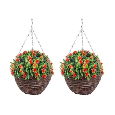 Image of Pair of Best Artificial Lily Hanging Basket Topiary Ball Suitable for Outdoor Use Weather &amp; Fade Resistant (Orange)