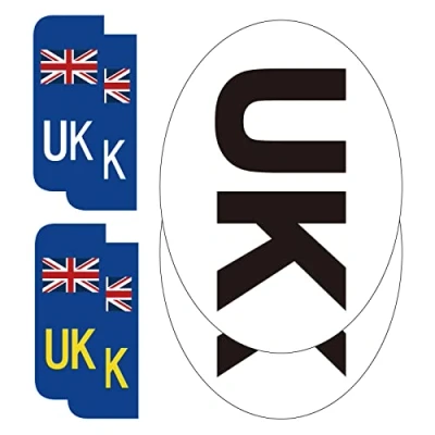 Image of BEEWAY UK Car Stickers for Europe 2x Oval + 4x Number Plate Gloss Laminated, Self adhesive Vinyl Sticker Cars, Vans, Trucks Driving in European after Brexit GB