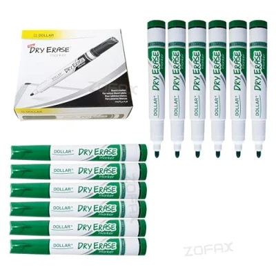 Image of Dry Erase Markers, GREEN, Pack of 12, Whiteboard Marker Pens, Bullet Tip, 2.0mm Bold Point, BroadMark 2.0 Wipe ZOFAX Black Ball Pen