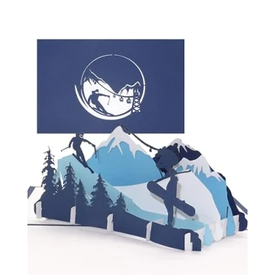Image of Pop Up Card &quot;Ski &amp; Snowboard&quot; 3D Birthday Card, Invitation Gift Voucher Travel Voucher, Invitation, Packaging and for Skiing Holiday Snowboarding