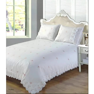 Image of Sophie Duvet Quilt Cover Floral Lace Trim Embroidered Bed Set, Polyester Cotton, White, Single