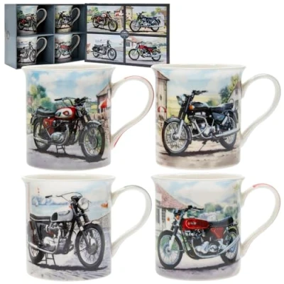 Image of Lesser &amp; Pavey Classic Motorbikes Mugs Set of 4 Ceramic Coffee for Home or Work Premium Design All Occasions Lovely Tea, Hot Drinks