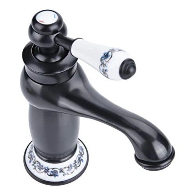 Image of Ceramic Antique Brass Faucet Bathroom Sink Blue and White Porcelain Long Neck Vintage Mixer Tap Kitchen Cold/Hot Water Basin Tap(Black)
