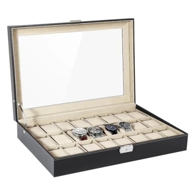 Image of Uten Watch Box with 24 Slots, Case Glass Lid, Removable Pillows, Metal Clasp, Black Synthetic Leather, Beige Lining, Gift Idea, Men/Women Display Storage