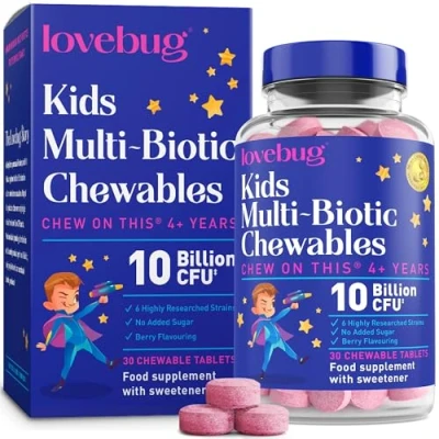 Image of lovebug PROBIOTICS for Kids Probiotic Chewables with Prebiotic Fiber Age 4+, Daily Children&#039;s Gut Health, Constipation, Digestive &amp; Immune Support Supplement, Sugar Free Berry Flavor, 30 ct