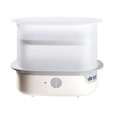 Image of Tommee Tippee Supersteam Electric Steam Steriliser for Baby Bottles, Kills Viruses† and 99.9 Percent of Bacteria, 5 Minute Sterilisation Cycle, White