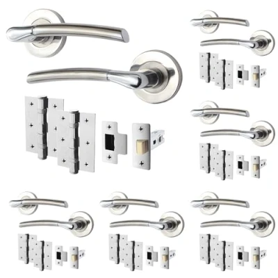 Image of EAI Internal Door Handle Latch Set Duo Finish 6 Pairs Satin Nickel and Polished Chrome Lever on Rose Round (64mm), Hinges (76mm)