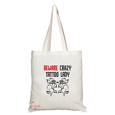 Image of Coralgraph Inc TB210 Beware Crazy Tattoo Lady Novelty Present Gift Printed Eco Friendly Stylish Long Handled Tote Shoulder Bag