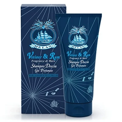 Image of Helan, Vetiver &amp; Rum, Shampoo and Bubble Bath, Perfumed Shower Gel Body Hair Bath Foam with Sweet Almonds Gentle Natural for Frequent Use 200 ml Made in Italy