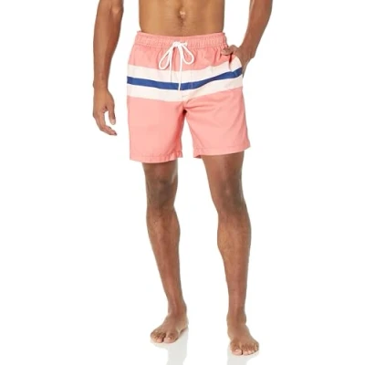 Image of Amazon Essentials Men&#039;s 7&quot; Quick Dry Swimming Trunks Discontinued Colours, Blue Coral Pink Stripes, S