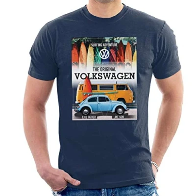 Image of Volkswagen Surfing Adventure Beetle &amp; Camper Men&#039;s T Shirt Navy Blue