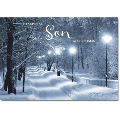 Image of doodlecards Son Christmas Card Snowy Street Scene Medium Size for with Plain Envelope